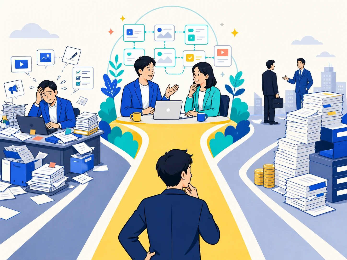 自社だけで続ける方法と全部外注する方法の間に、人とAIと仕組みを組み合わせる選択肢があることを示すイラスト