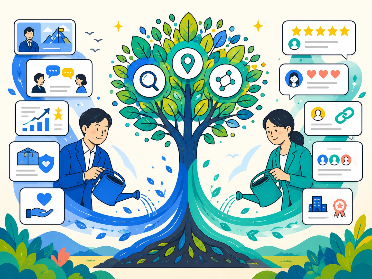 会社固有の一次情報と第三者からの信頼を一緒に育て、検索・地図・AIから見つけてもらう資産にするイラスト