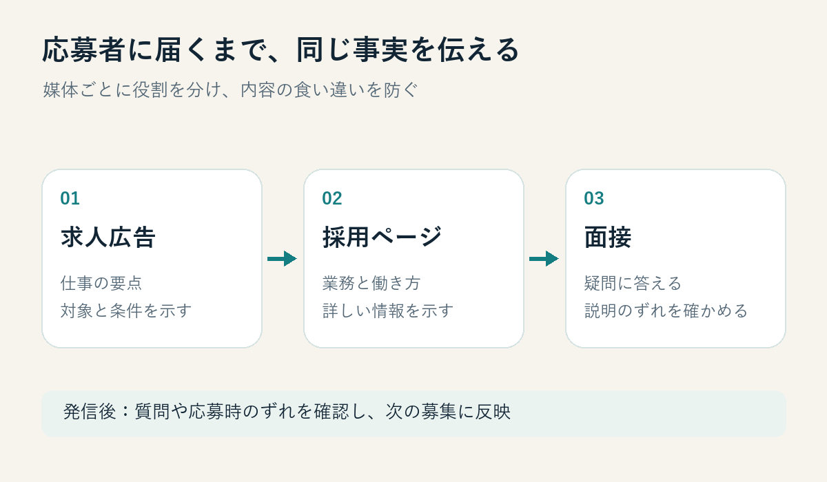 求人広告、採用ページ、面接で同じ事実を伝える流れ